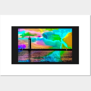 Watercolor Sunset at Muskegon South Pier Lighthouse Posters and Art